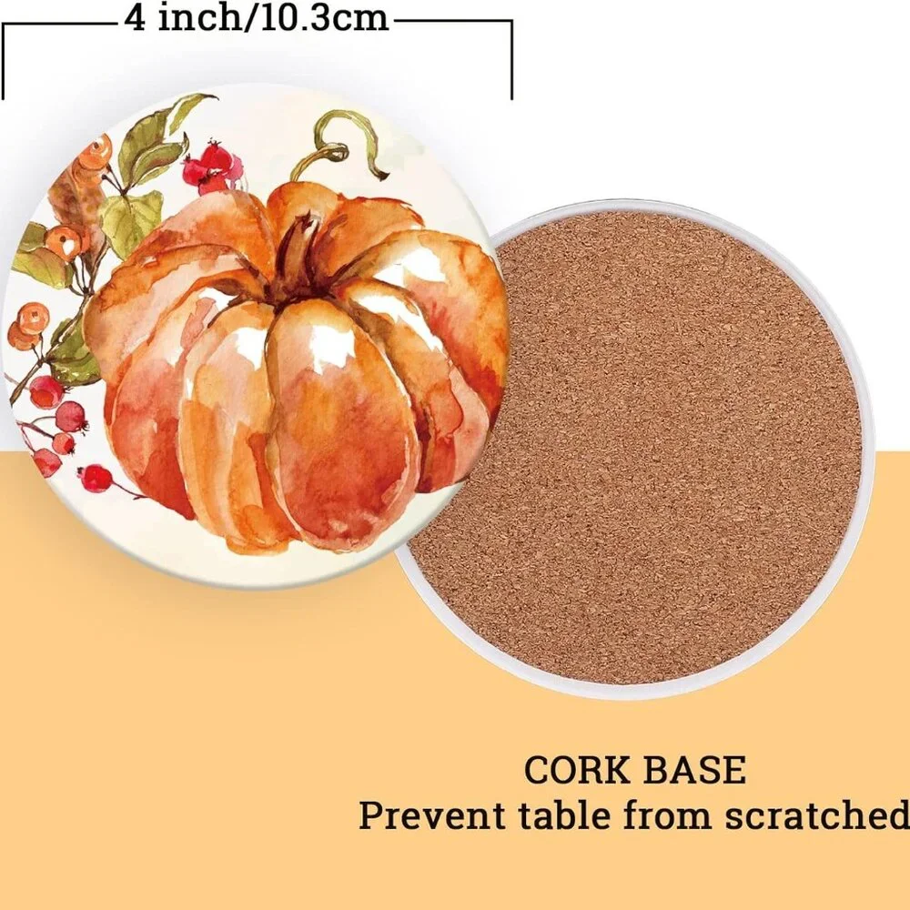 Fall Pumpkin Coaster Autumn Round Drink Coasters Absorbent Natural Ceramic Coast